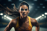 Portrait of female athlete running on race track at athletics stadium.