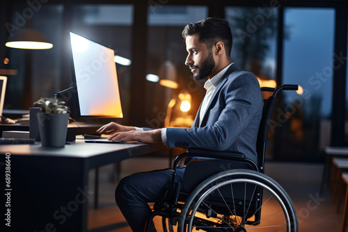 Disabled businessman sitting in wheelchair using computer at office. photo