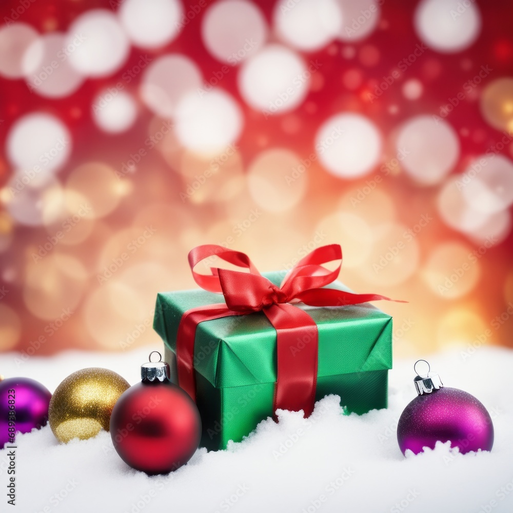 Christmas Gifts box on a snowy background, A bokeh background effect. Christmas Gifts box on a snowy background, A bokeh background effect.
