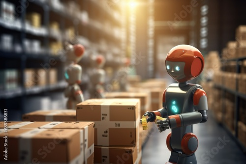 Robot in a warehouse with boxes. Issuing orders. Logistics center for storing goods. Automation and workability