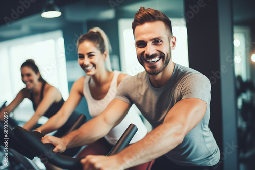 Fit young man in sportswear doing a cycling class in a gym with female friends in the background.