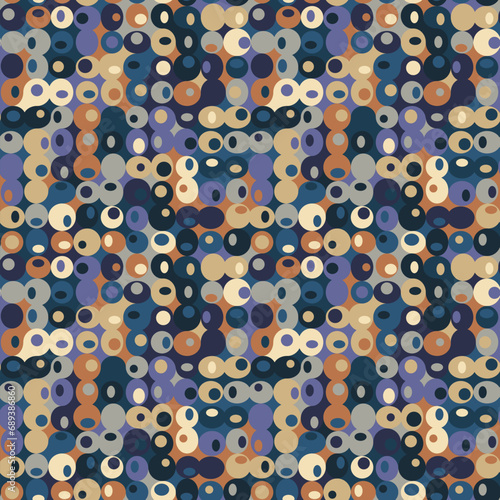 Seamless repeating pattern with a geometric design of small multicolored circles in orange, purple, and beige. Retro style background. Vintage colors. Vector illustration. 