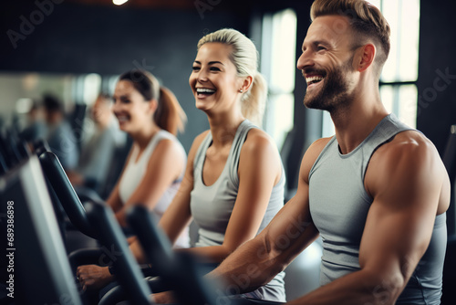 Group of sporty people having spinning class at gym.