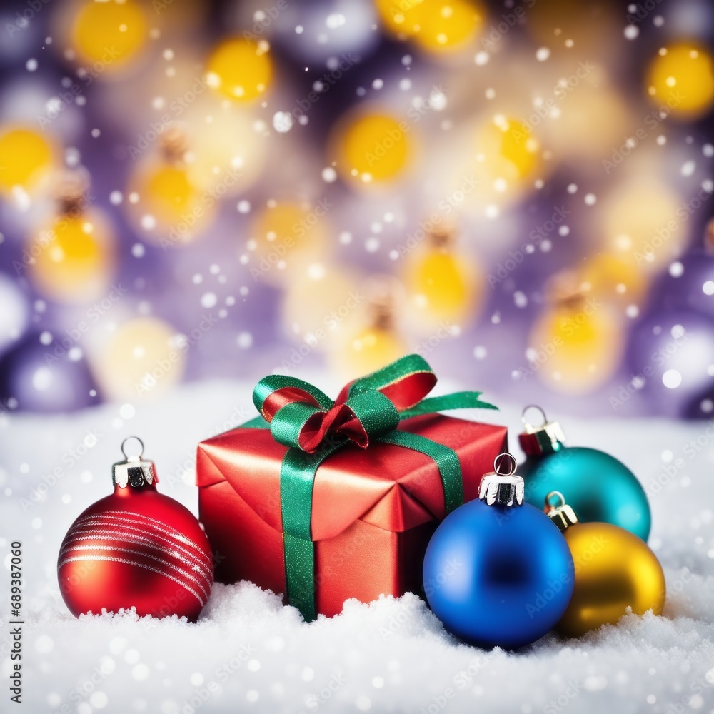 Christmas Gifts box on a snowy background, A bokeh background effect. Christmas Gifts box on a snowy background, A bokeh background effect.