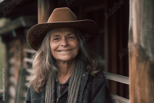 Senior woman near a wooden house. Generative AI © lanych