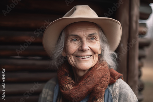Senior woman near a wooden house. Generative AI
