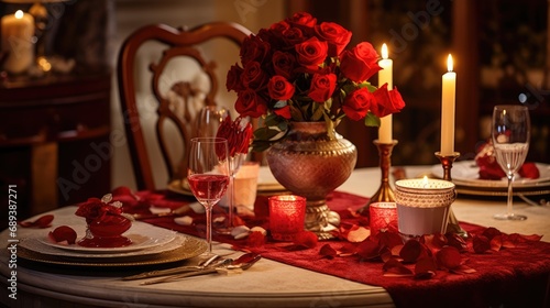 Dining room with the table set up for romantic dinner. Saint Valentin celebration