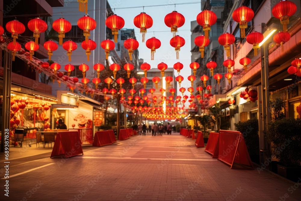 Street decorated for Chinese new year celebration - obrazy, fototapety, plakaty 