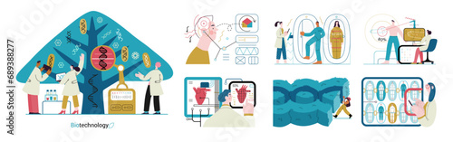 Bio Technology -modern flat vector concept illustration of improving aspects of healthcare, agriculture, environmental sustainability, industrial processes. Metaphor of bridging Science and Nature