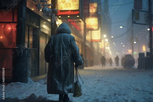 Mysterious figure walking in snow with city lights, evoking a sense of winter solitude.