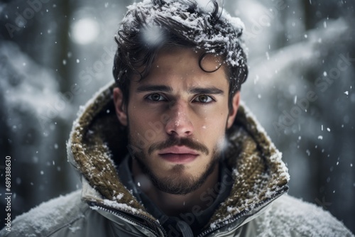 Captivating portrait of a young man with snowflakes in hair, intense gaze in a winter setting.