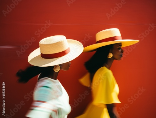 Photography of two girls in yellow and red clothes and white hats walking fast against dark red wall. Motion blur