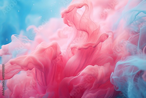 Soft clouds of pink and blue ink in water, creating a dreamy and delicate abstract composition full of grace and serenity.
