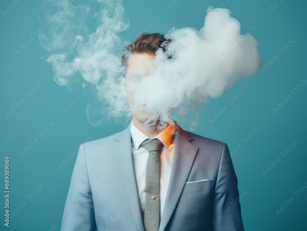 Businessman with smoke and fire in front his face, minimal concept. Pastel blue background Businessman with smoke and fire in front his face, minimal concept. Pastel blue background