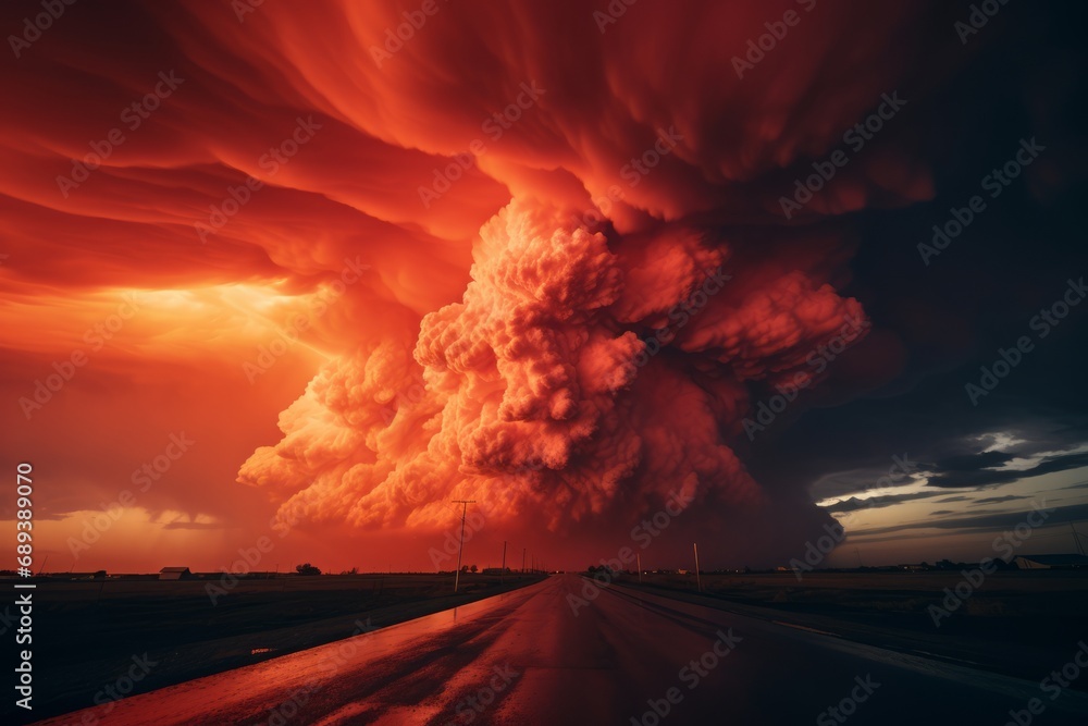 Majestic and dramatic red cloud formation over a highway at dusk, a powerful representation of nature's awe-inspiring beauty and dynamic weather patterns.