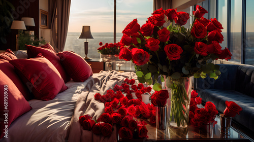 Stylish hotel room full of big beautiful bouqets of red rose flowers