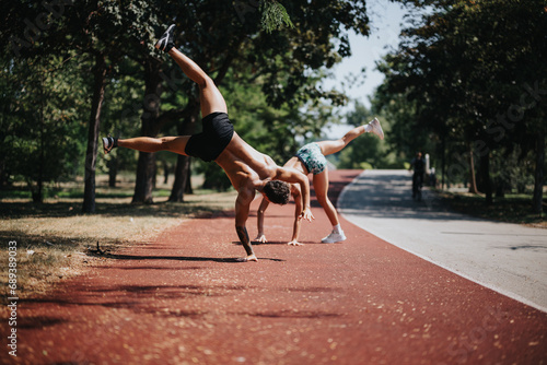 Fitness couple performing cartwheels in a park, displaying athleticism and motivation. The natural environment and sunny day serve as their backdrop, inspiring a healthy lifestyle.