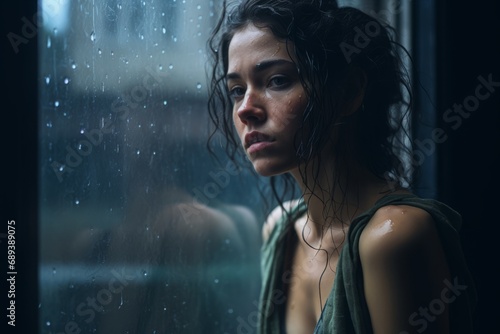 Contemplative young woman gazing through a rain-streaked window, evoking a mood of introspection and the beauty of quiet moments alone.