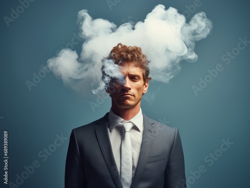 Businessman with smoke and fire in front his face, minimal concept. Pastel blue background