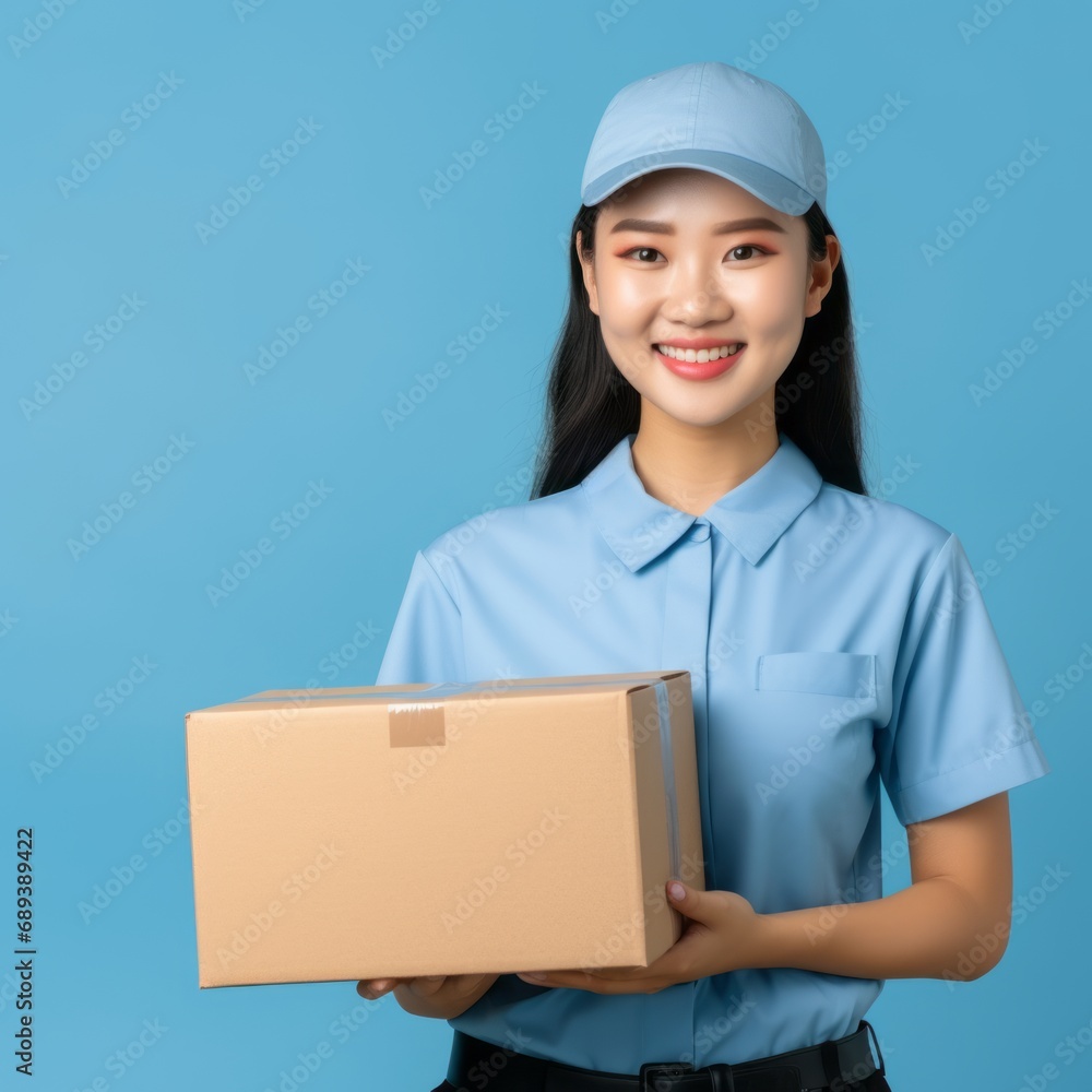 Delivery service worker, young asian woman in a minimal uniform holding box against light blue wall Delivery service worker, young asian woman in a minimal uniform holding box against light blue wall