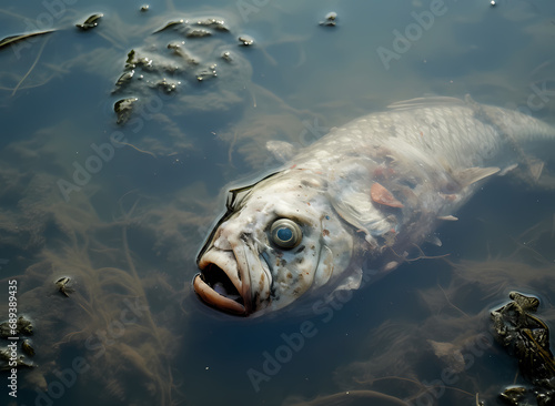 a dead fish floating in polluted river lake, waste and trash in water generative ai