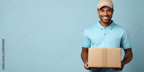 Delivery service worker, young man in a minimal uniform holding box against light blue wall
