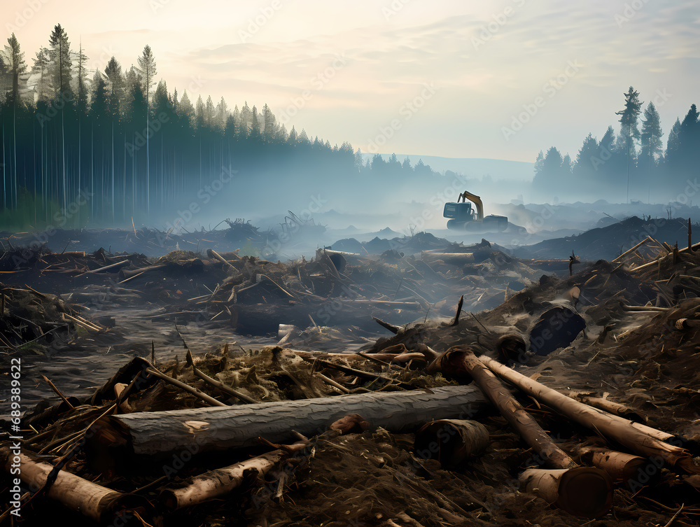 dirty forest and rivers.waste and dumping trash in water. trees are cut for timber or development. reindeer drinking from polluted river.people with gas mask trying to clean up.generative ai