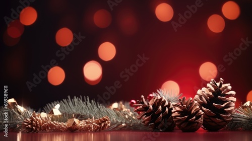 Christmas greeting card with fir branches  berries  stars and decoration ornaments elements and blurred bokeh light background.