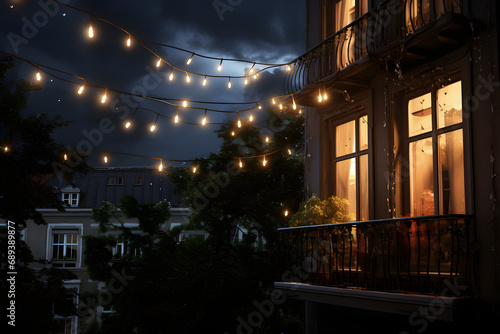 front porch of house with lights, cozy evening lights © MrJeans