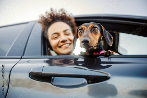 A dog and his owner are looking from a car window. © dusanpetkovic1