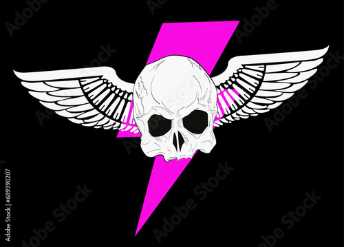 T-shirt design of a winged skull next to the thunder symbol isolated on black. Satanic illustration.