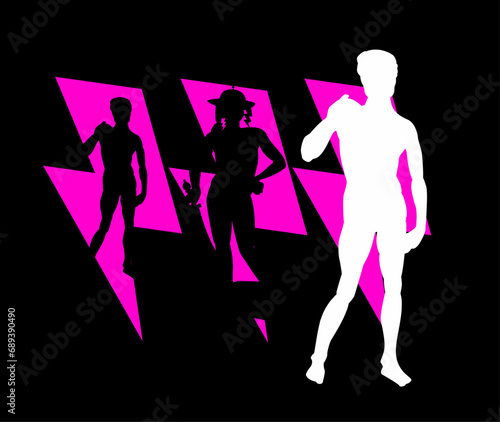 T-shirt design of three violet thunderbolt symbols with silhouettes of naked men.Statues of David made by Michelangelo and David by Raphael.
