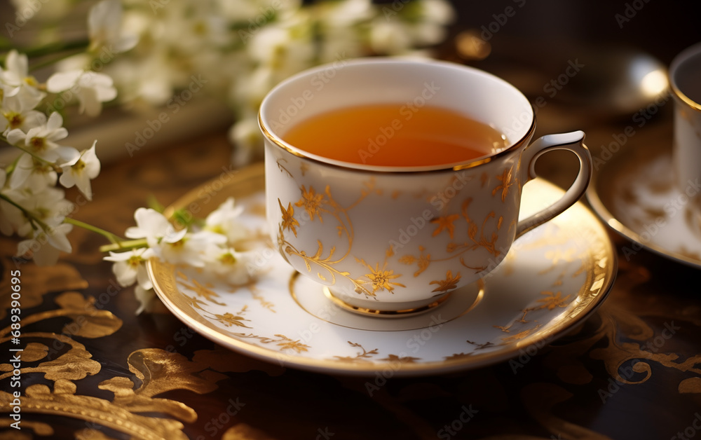 White porcelain golden cup of tea, white flowers. Spring cozy warm background with sun light. Design for cafe, menu. Herbal tea for good health. Closeup shot White porcelain golden cup of tea, white flowers. Spring cozy warm background with sun light. Design for cafe, menu. Herbal tea for good health. Closeup shot