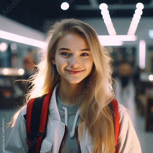Cheerful blond teen, friendly high school student with backpack, standing in college library, portrait, 4K clarity, vibrant ambiance, realistic academic background
