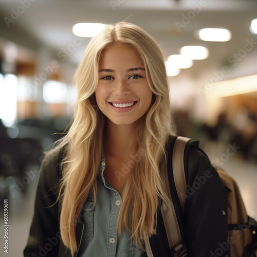 Cheerful blond teen  friendly high school student with backpack  standing in college library  portrait  4K clarity  vibrant ambiance  realistic academic background