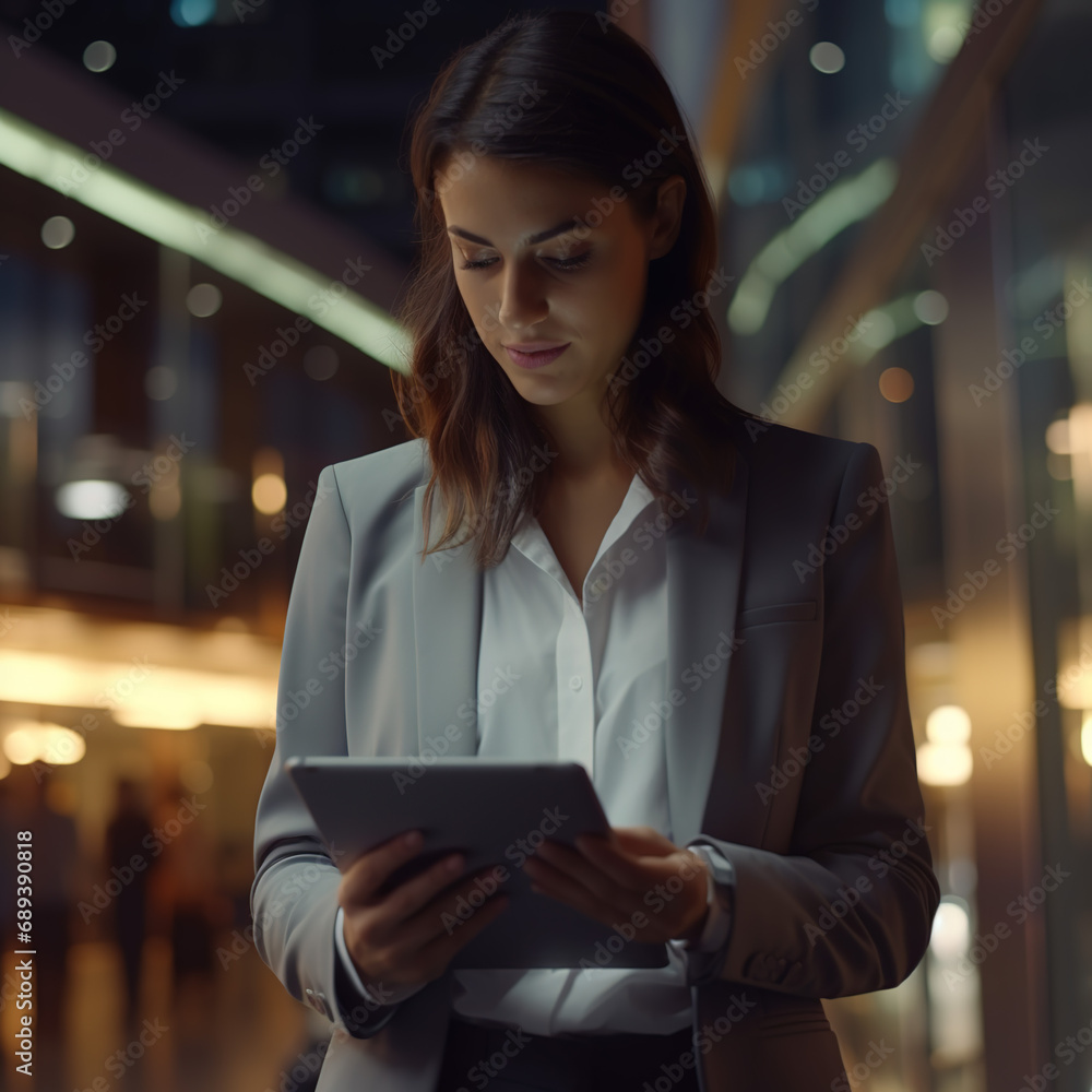 Fototapeta premium Caucasian business woman, project leader, multitasking with tablet, fast-paced office walk, smart suit, engaged entrepreneur, 4K quality, dynamic lighting, crisp imagery, contemporary workplace