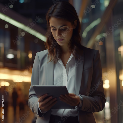 Caucasian business woman, project leader, multitasking with tablet, fast-paced office walk, smart suit, engaged entrepreneur, 4K quality, dynamic lighting, crisp imagery, contemporary workplace