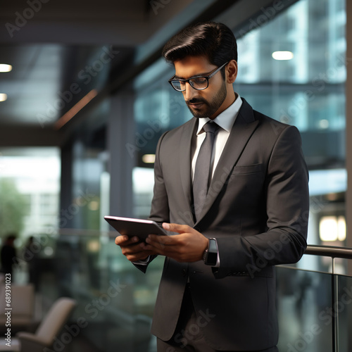 Indian businessman, project leader, multitasking with tablet, fast-paced office walk, smart suit, engaged entrepreneur, 4K quality, dynamic lighting, crisp imagery, contemporary workplace