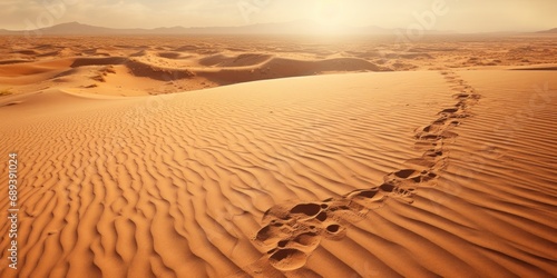 Footsteps meandering across rippled sand beneath the blazing sun.
