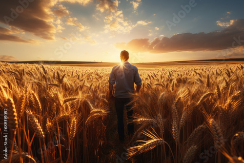 A wheat farmer inspecting the golden fields before the harvest. Concept of grain production and agricultural stewardship. Generative Ai.