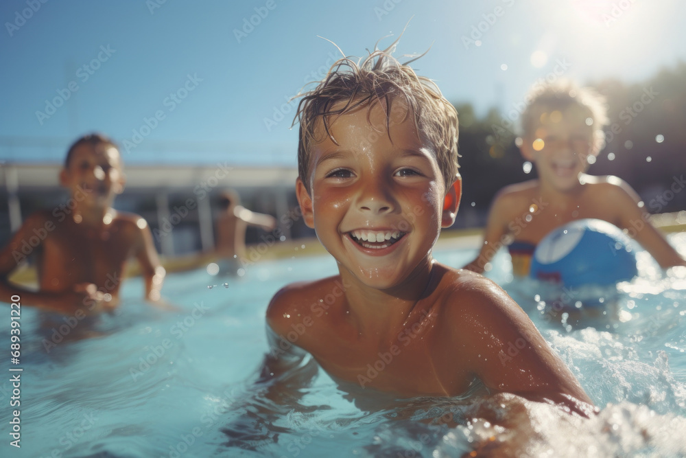 Children playing a friendly game of water polo in a community pool. Concept of active recreation. Generative Ai. Children playing a friendly game of water polo in a community pool. Concept of active recreation. Generative Ai.