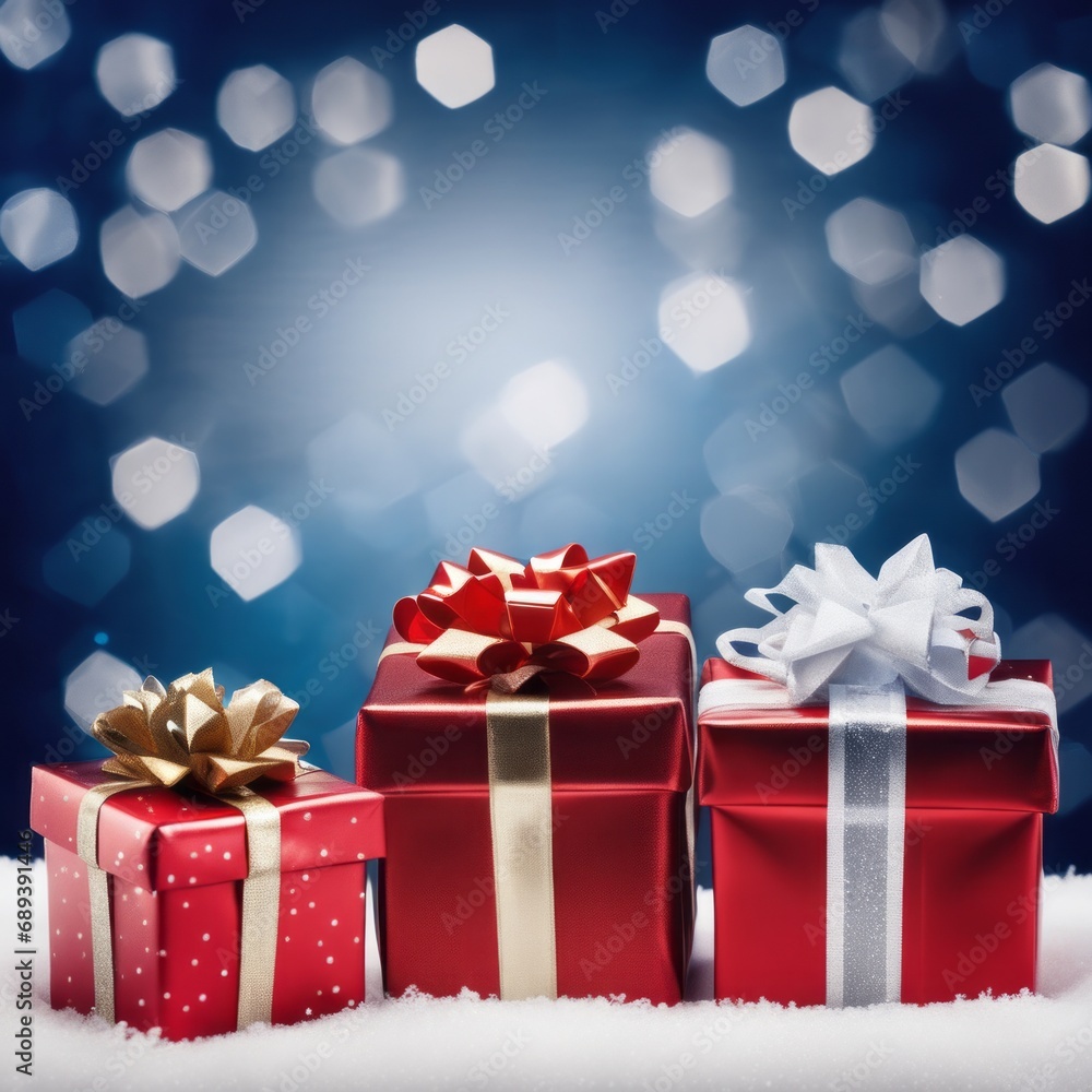 Christmas Gifts box on a snowy background, A bokeh background effect. Christmas Gifts box on a snowy background, A bokeh background effect.