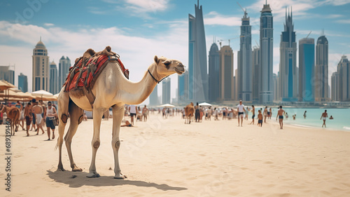 View on Dubai Marina, camels and famous Jumeirah beach in Dubai, United Arab Emirates photo