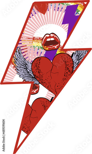 Thunderbolt  symbol t-shirt design with glam rock lips.