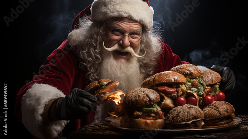 Santa Claus with a menacing look, devouring a hamburger, high-resolution, dark and moody lighting, commercial photography, black background
