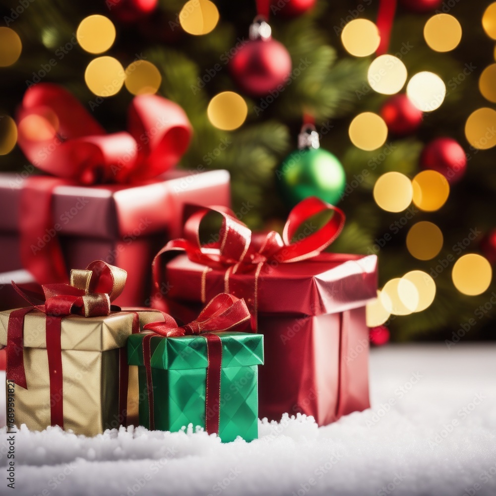 Christmas Gifts box on a snowy background, A bokeh background effect. Christmas Gifts box on a snowy background, A bokeh background effect.