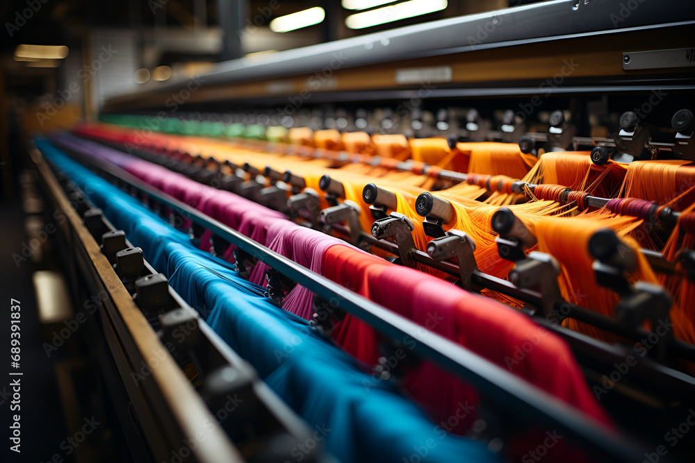 Textile factory weaving, weaving a fabric
 - obrazy, fototapety, plakaty 