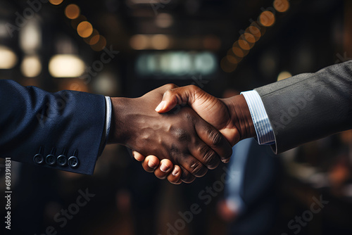 Business handshake, two corporate men shaking hands, making a deal in office 
