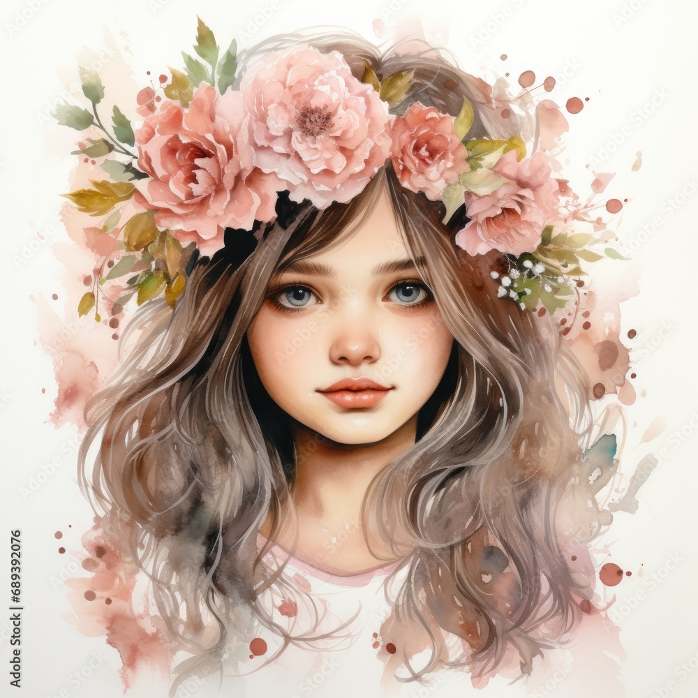 Portrait of a beautiful girl with flowers in her hair .Watercolor illustration