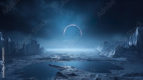Ice crater on the surface of the planet, illuminated by the light of a distant star